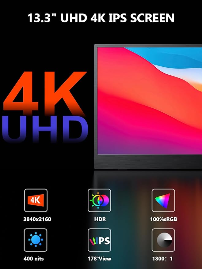 4K Portable Monitor 13.3 UHD IPS Portable Laptop Screen Second Screen Dual USB C HDMI Computer Gaming Display with Speakers Travel Monitor for PC Phone PS4/5 Xbox Switch