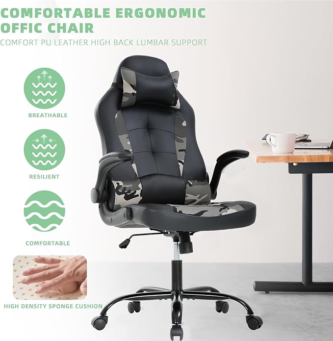 PC Gaming Chair Computer Chair Racing Gamer Chair Adjustable Ergonomic Office Chair Modern Desk Chair with Lumbar Support Flip Up Armrest Rolling Swivel Task Chair for Adults Women Men