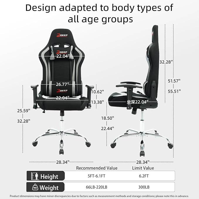 Gaming Chair High-Back Ergonomic Computer Chair Adult Lumbar Support Breathable Fabric Office Chair 3D Independent Armrests。(1005-gray)