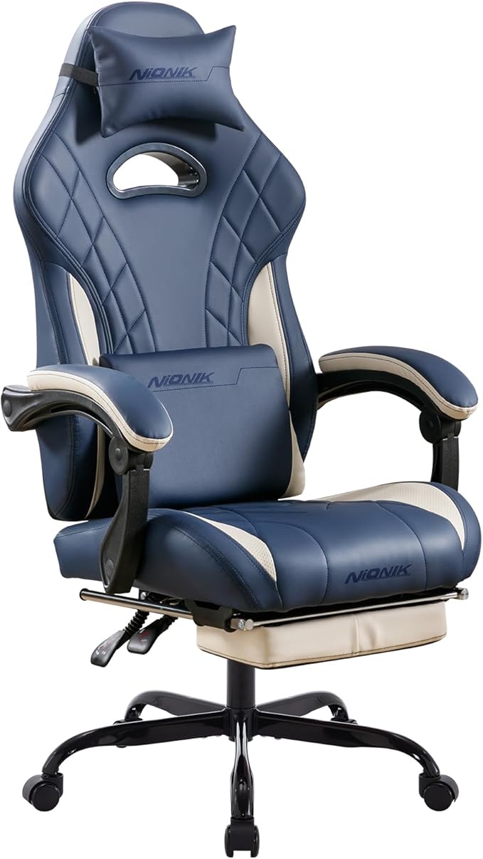 Gaming Chair with Footrest and Massage Lumbar Support Ergonomic Computer Gamer Chair Office Video Game Chairs (Blue)