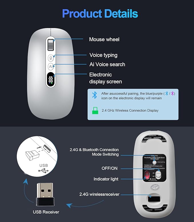 AI Wireless Mouse for Laptop PC- Enabled Bluetooth Mouse with Voice Recording &amp AI SummarizeErgonomic Presenter Laser Pointer RemoteUSB Rechargeable High-Performance Office Device