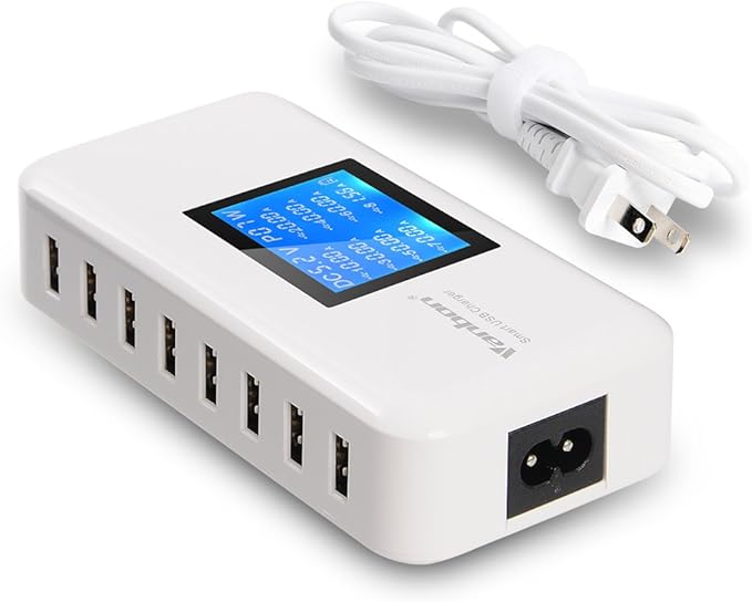 60W/12A 8-Port Desktop Charging Station Multiple USB Multi Port Travel Fast Wall Charger Hub with LCD for Smart Phones Tablet and More (White)