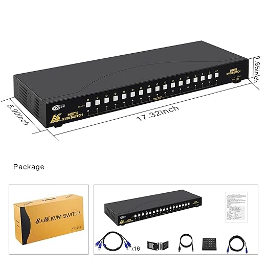CKLau 4Kx2K HDMI KVM Switch 16 Port with Cables Rack Mount KVM Switch Support HDCP EDID for Windows Linux Mac Debian Ubuntu Fedora Raspberry Pi and Ubuntu
