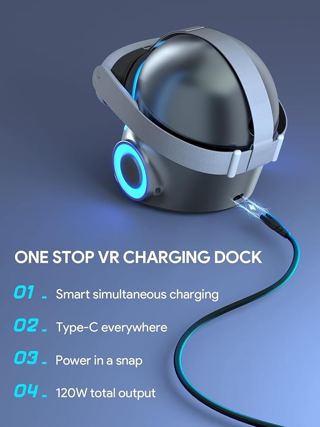 Aubika 3 in 1 VR Charging Station Pro - 120W Fast Charging Dock with 3 USB-C PortsHidden Storage &amp RGB LightDesktop OrganizerCompatibility for Meta Quest 3/3S/Pro/2 Meta Quest AccessoriesSil