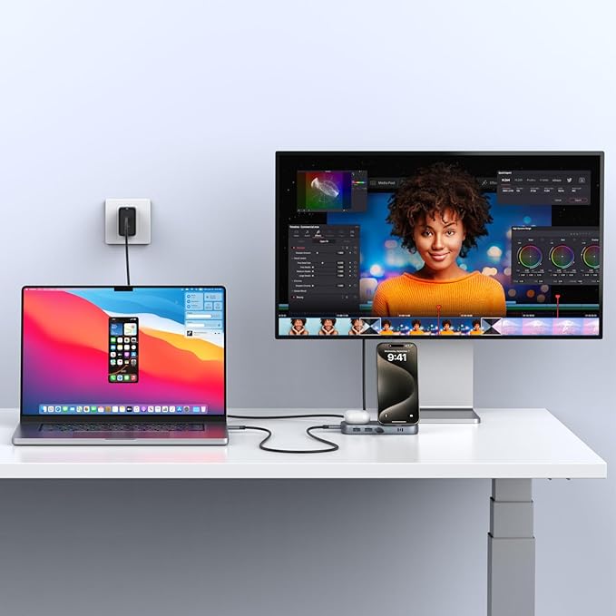 Selore USB C Hub with Wireless Charging for MacBook: 4K@60Hz HDMI 100W PD 15W Qi2 + 5W Wireless 10Gbps Ports iPhone Mirroring Docking Station &amp Magsafe Stand Space-Saving Desk Organizer(Black