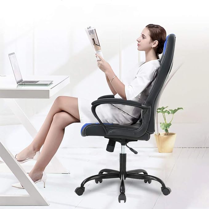 Ergonomic Office Chair Cheap Desk Chair PC Gaming Chair Rolling PU Leather Swivel Chair Executive Computer Chair Lumbar Support for Women Men(Blue)