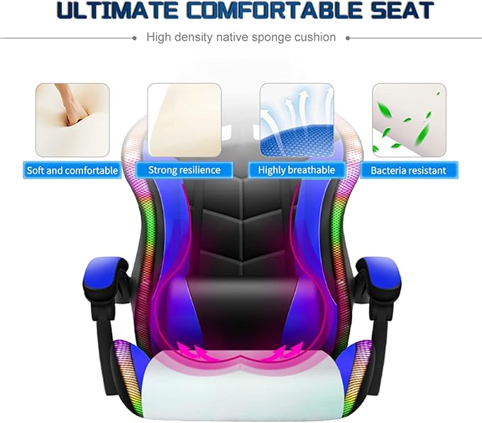 XOOFMASS RGB Gaming Chair with Massage and Footrest Large Ergonomic Computer Desk Chair Video Gaming Chair with Speakers and LED Light Effect 90°-135° Adjustable Reclining Gamer ChairPink