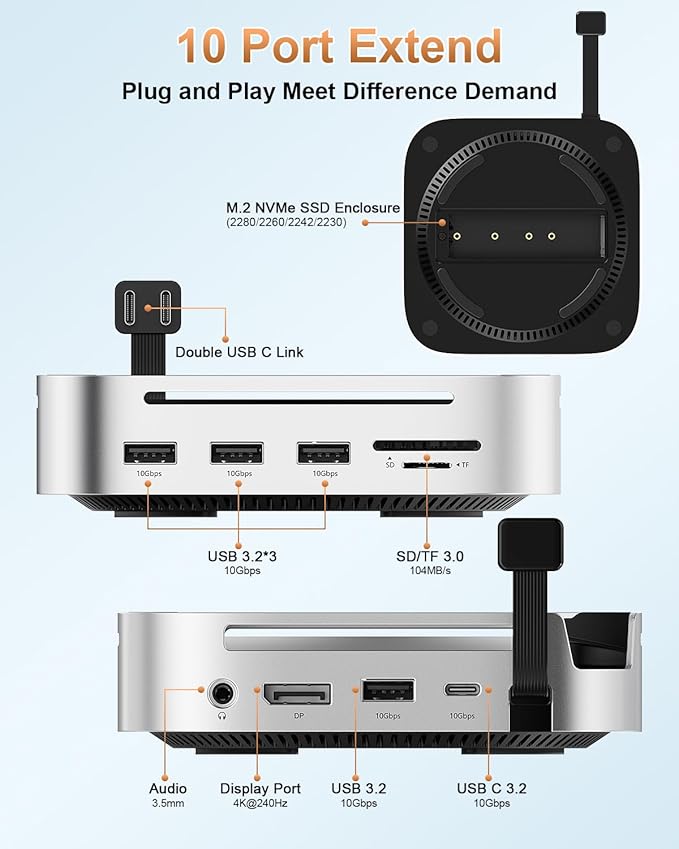 Mac mini M4 Dock &amp Stand DisplayPort 8K@120Hz Hub for Mac mini M4/M4 Pro 2024 with 8TB NVMe SSD Enclosure 10 in 1 with DP 5*USB-A/C 10Gbps Ports SD/TF Audio for Mac mini M4 Mac mini M4 Pro