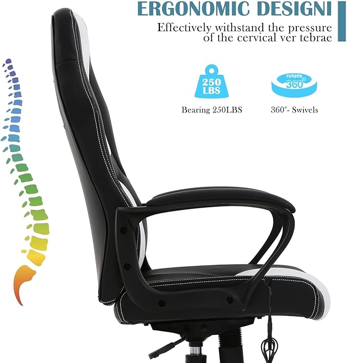 Executive PC Gaming Chair with Lumbar Support &amp Headrest - Ergonomic Leather Racer Task Chair for Home Office Gaming Room - Heavy Duty &amp Comfortable (White)