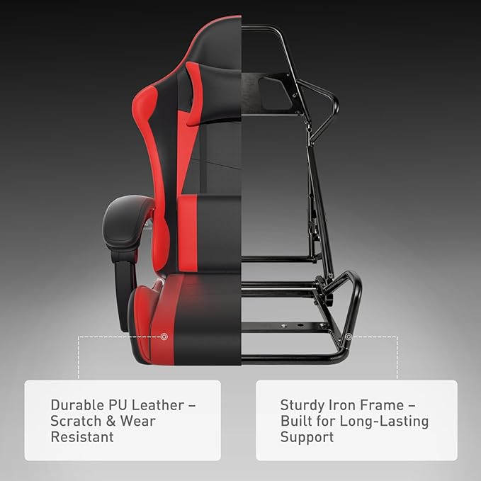 MoNiBloom Gaming Chair with Footrest High Back Video Game Chair with Headrest &amp Lumbar Support Height Adjustable Leather Swivel Computer Chair for Adult Teen Office or Gaming Red