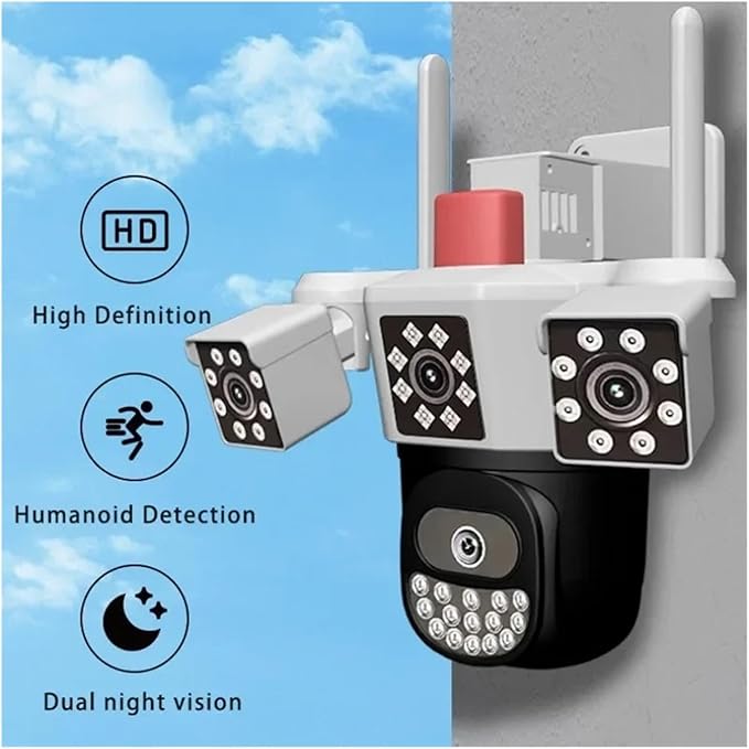 Outdoor Surveillance Camera 360 Ptz Tri-Lens Home Alarm Telecamera WiFi Color Night Vision Webcam Waterproof Panoramic Camera(64G TF Card)