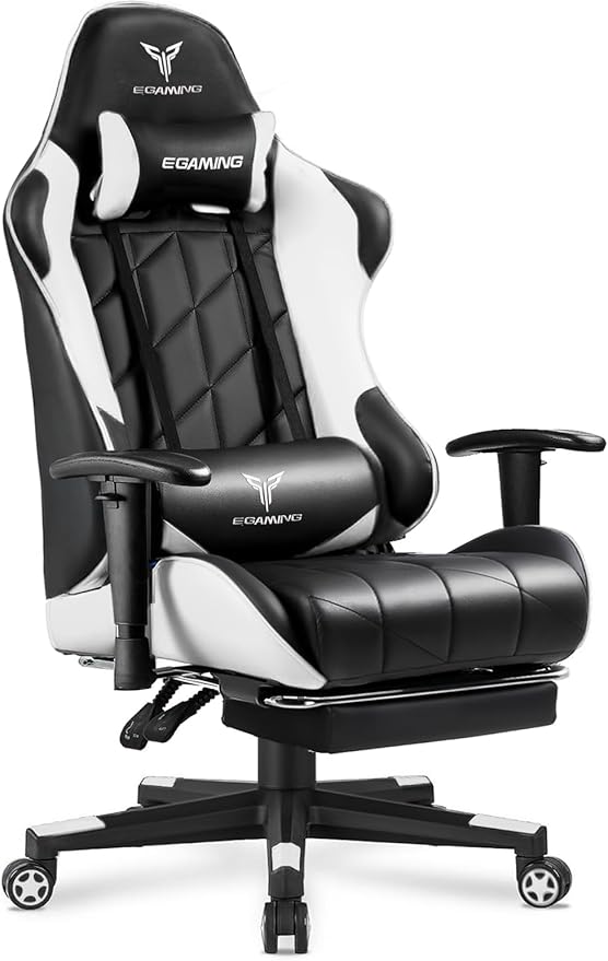 Gaming Chair Big and Tall Video Game Chair with High Back PU Leather Home Office Ergonomic Computer Chair with Footrest Adjustable Height 360° Swivel Wheels for Adults and Teens (White)