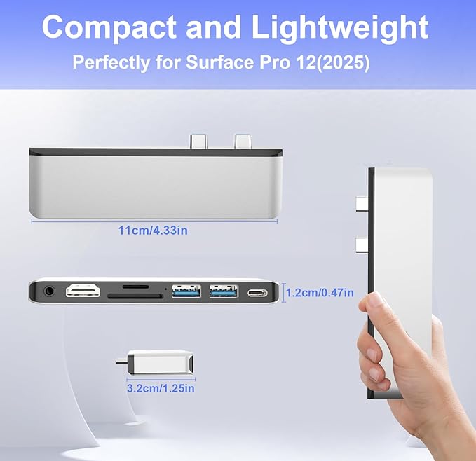 Surface Pro 12 Accessories Docking Station USB Hub and Adapter with 4K HDMI USB-C Thunderbolt 4 (Display+Data+100W PD) 2 USB 3.0 3.5mm Audio SD/TF Card Slot for Surface Pro 12 inch 2025