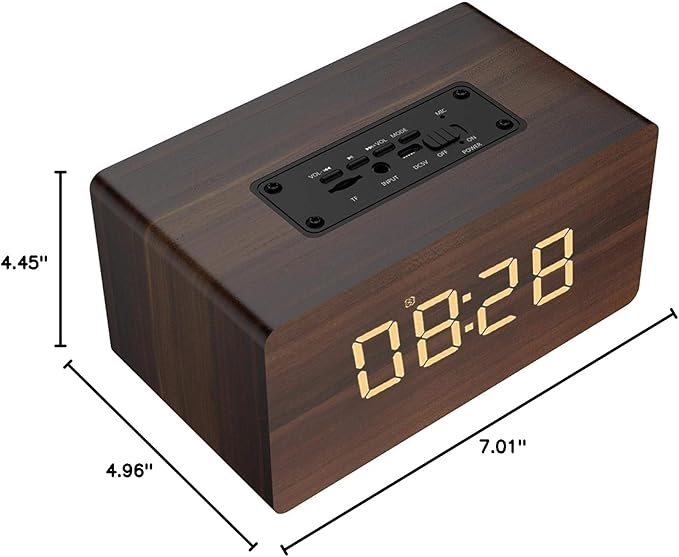 Mini Speaker7 inch Wood Bluetooth Speaker with FM Radio HiFi Music Clock Alarm Retro Subwoofer Speaker with 6-8 Hours Playback Support Bluetooth/TF/AUX