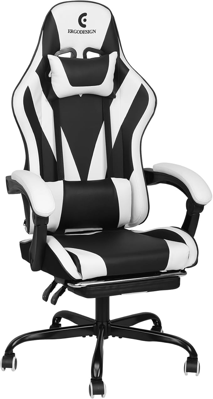 Gaming Chair with Linkage Armrest &amp Footrest High Back Video Gaming Chair Black/White