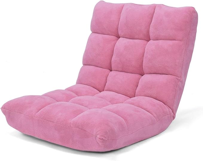 Floor Chair Lounger Folding Gaming Sofa Chaise Lounge with 14 Adjustable PositionSteel FrameSponge Padded Sleeper Bed Couch Recliner(Pink)