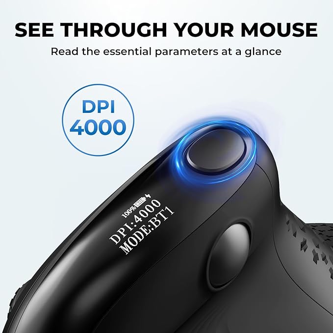 DELUX Seeker Ergonomic Mouse Wireless Vertical Mouse with OLED Screen 6 Buttons&ampThumb Wheel Function Silent Click Up to 7200DPI Programmable Rechargeable BT/2.4G/Wired RGB Light(M618XSD-Bl