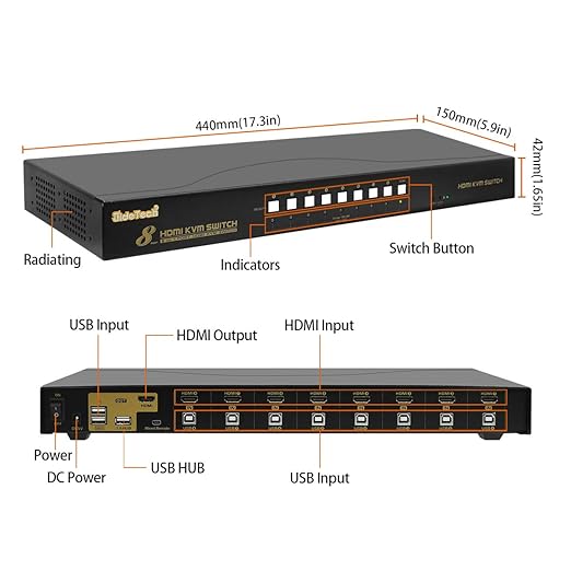JideTech HDMI USB KVM Switch 8 Port Up to 4K@30Hz Resolution with USB 2.0 Hub Support Hotkey Mouse Switching for Linux Windows Mac Unix
