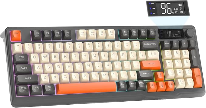 ZIYOU LANG M96 Wireless Gaming Silent Membrane KeyboardDisplay Screen &amp Knob with Multimedia Keys Dual Mode Bluetooth/2.4GhzRainbow Backlight 94Keys Ball Shape PBT Keycap ANSI Layout for Win/Mac