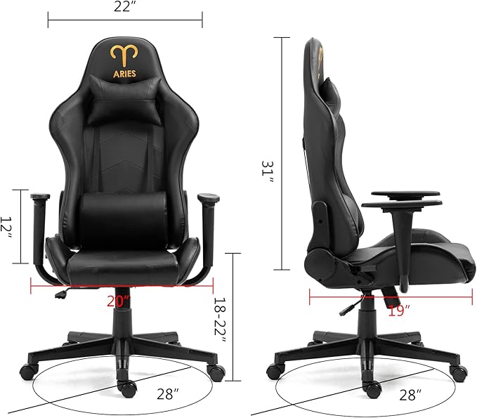 Modern-Depo Black Aries Zodiac Gaming Chair with Ergonomic Design Adjustable Swivel Recliner Load Capacity 330 lbs