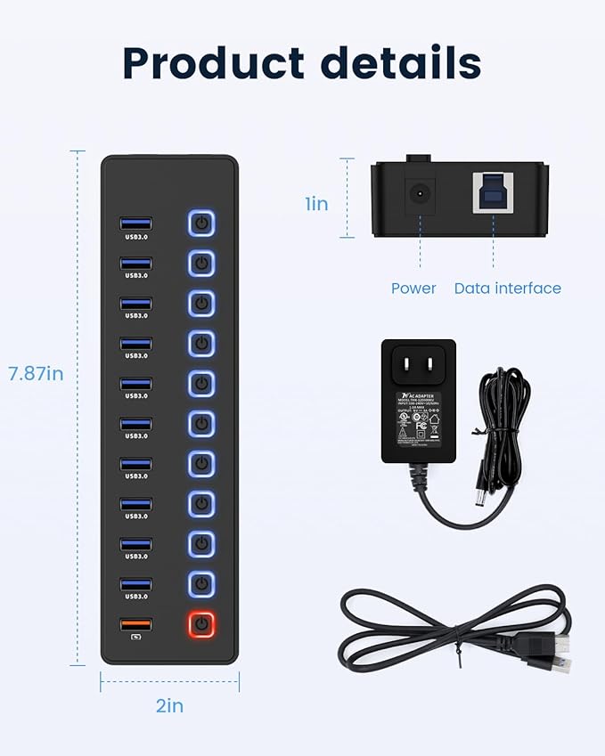 USB hubPowered USB hub 11-Port hub Splitter10 USB 3.0 Data Transfer Port + 1 Smart Charging PortIndependent Switch (with LED Working Indicator) USB 3.0 Hub Powered with Power Adapter for Mac/PC