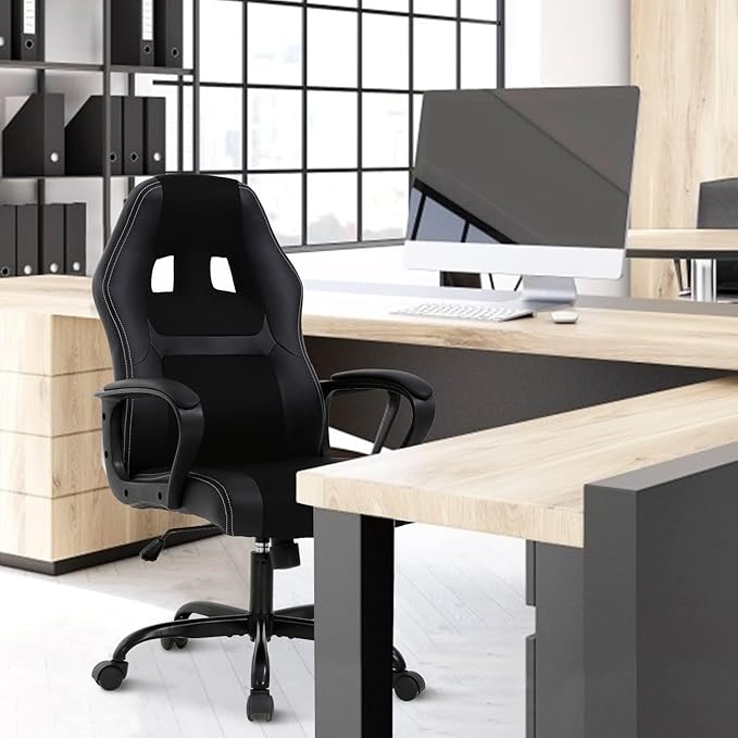 Executive PC Gaming Chair with Lumbar Support &amp Headrest - Ergonomic Leather Racer Task Chair for Home Office Gaming Room - Heavy Duty &amp Comfortable (Black)
