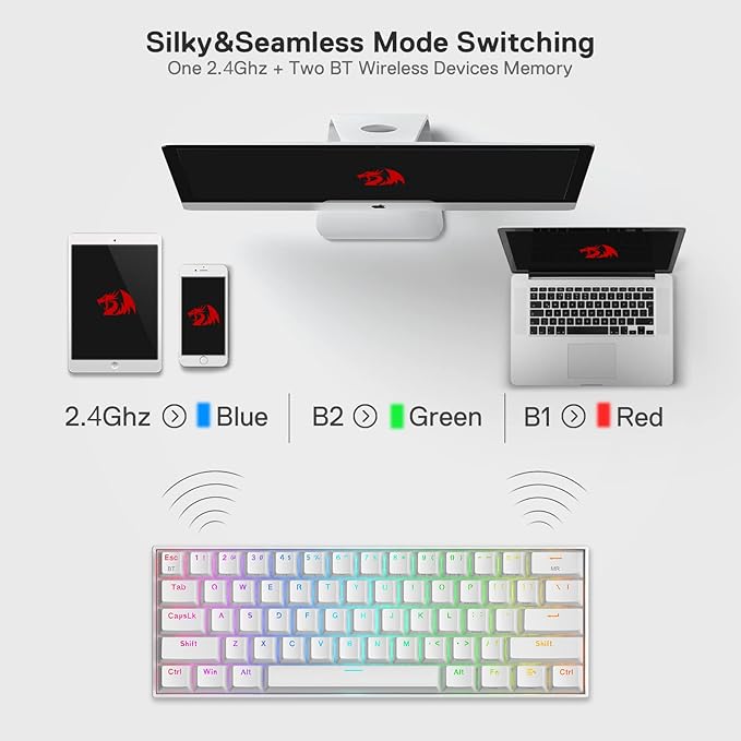 Redragon K530 Pro Draconic 60% Wireless RGB Mechanical Keyboard BT/2.4Ghz/Wired 3-Mode 61 Keys Compact Gaming Keyboard w/Hot-Swap Socket Free-Mod Plate Mounted PCB &amp Linear Red Switch
