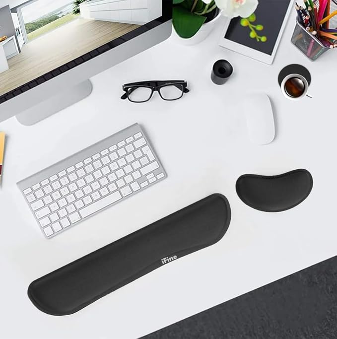 iFine Upgrade Enlarged Memory Foam Set Keyboard Ergonomic Mouse Wrist Rest Pad and gel Cushion Support for Computer Laptop School Office or Home Gaming- For Stress-free Typing with Coaster (Black)