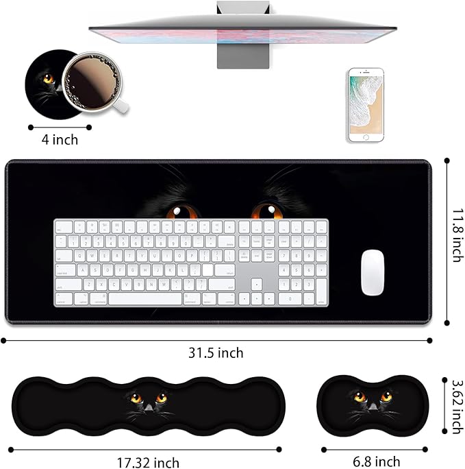 4 in 1 Ergonomic Keyboard Wrist Rest &amp Mouse Pad Wrist Rest Set Large XXL Gaming Desk Mat 31.5x 11.8 with Non-Slip Base Memory Foam for Home Office Study Gaming Black Cat Face