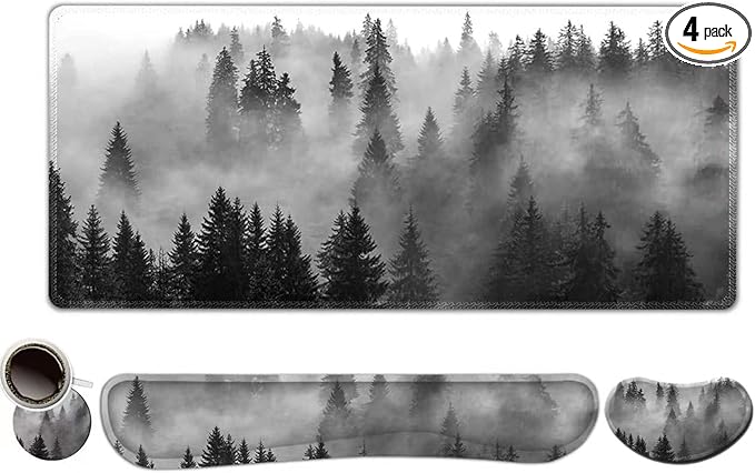 ToLuLu Extended Gaming Mouse Pad Memory Foam Ergonomic Keyboard Mouse Wrist Rest Support Set Large Desk Mat with Stitched Edges Non-Slip Base Mousepad for Home Office Game Study Tree Forests