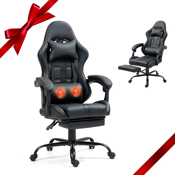 ECOTOUGE Massage Gaming Chair Video Game Chair with Footrest Ergonomic Computer Chair with Headrest and Massage Lumbar Support Height Adjustable High Back Office Desk Chair with 360° Swivel Black
