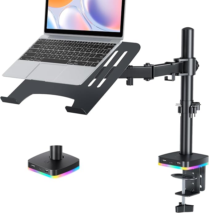 RGB 2 in 1 Laptop Monitor Desk Tray with 3 USB Ports Charging and USB Data Transfer Adjustable laptop stand for 13 to 32 Screen and 11-17” Laptop Holds 18lbs/Arm 75x75/100x100 VESA C-Clamp