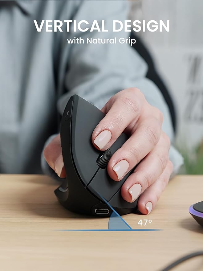 Perixx PERIMICE-713LR - Left Handed Cordless Rechargeable Vertical Mouse - Duo Wired and Wireless Charging Feature - 6 Buttons Design - Left Handed