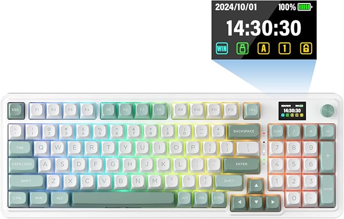 Redragon K719 Wireless Gasket Gaming Keyboard w/Hype Screen &amp Knob 95 Keys Mechanical Keyboard Easy-Control 1.14’’ TFT Info Display 5-Layer Noise Dampening Custom Linear Switch Jade Cloud Col