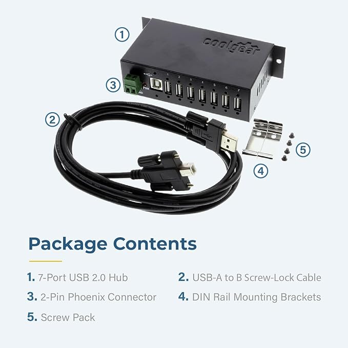 Coolgear Industrial 7-Port USB 2.0 Hub with Secure Screw-Locking Ports | Surface &amp DIN-Rail Mountable | 480 Mbps Data