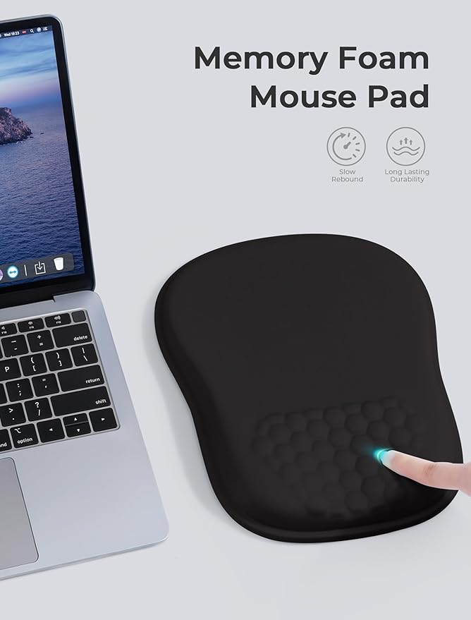 Minimalist Black Ergonomic Mouse Pad for Carpal Tunnel Pain Relief 65% Usable Mouse Area in Compact Size Memory Foam Concave Wrist Rest for Office PC Gaming