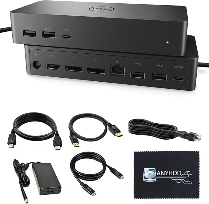 UD22 Dell Docking Station Dual Monitor Bundle - USB-C/USB-A Universal Dell Dock for Laptops Comes with 130W Adapter + Anyhdd HDMI DisplayPort USB-C Cables &amp Cloth - Supports Dual/Triple/4 Monito