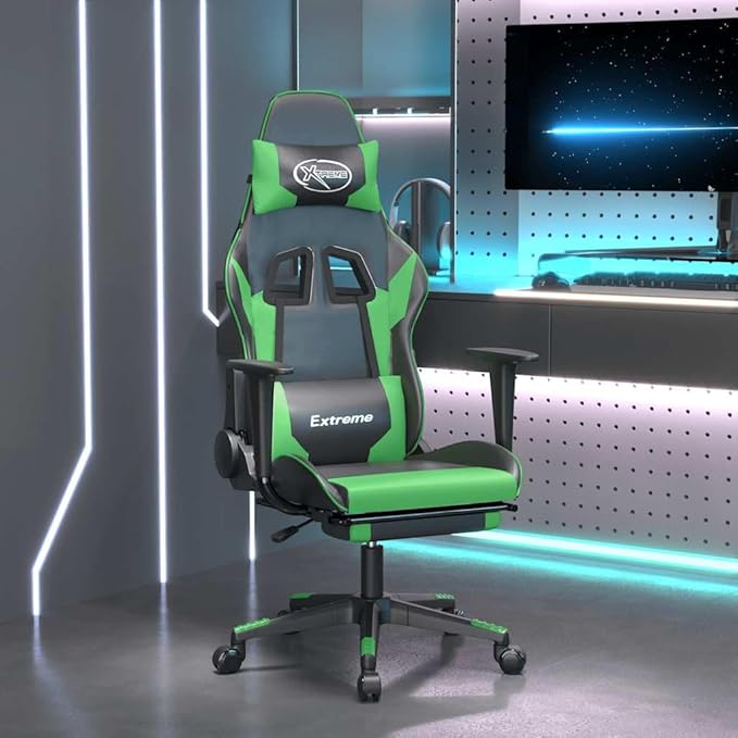 Massage Gaming Chair with USB-Powered Function Adjustable Armrests and Height Black and Green Faux Leather Metal Plywood Foam Construction for Home Office and Gaming