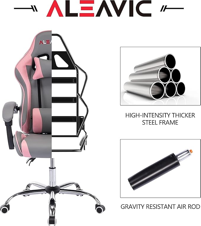 ALEAVIC Gaming Chair with Massager Fabric Gaming Chairs for Adults Ergonomic Gamer Chair with Adjustable Headrest and Lumbar Support Reclining Computer Game Chair High Back Frost Pink