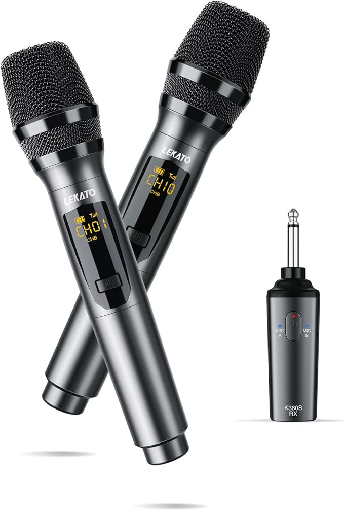 LEKATO Wireless Microphone Rechargeable Wireless Microphones with Receiver Dual Handheld Microphone System Dynamic MIC for Singing Speech Wedding ChurchSpeaker PA System(K380S)