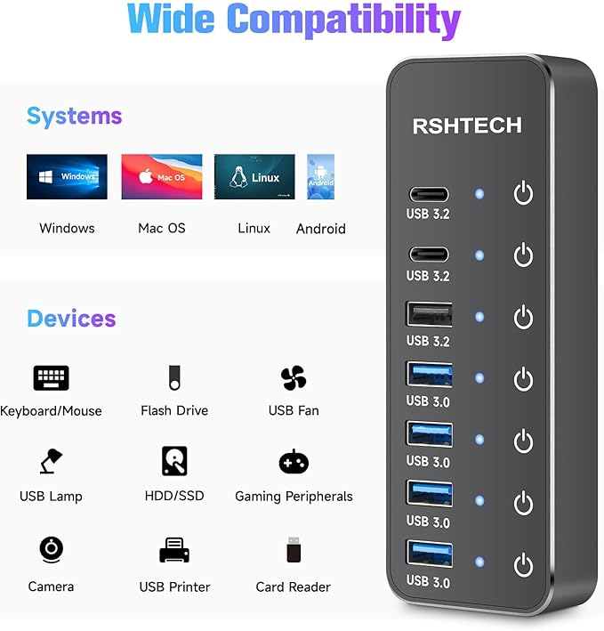 RSHTECH 7-Port Powered USB 3.2/USB C Hub with 10Gbps USB-A 3.2 2 USB-C 3.2 4 USB 3.0 Ports Individual Touch Switches 3.3ft Cable and 5V Power Adapter USB Hub Splitter for Laptop/PC RSH-ST07C