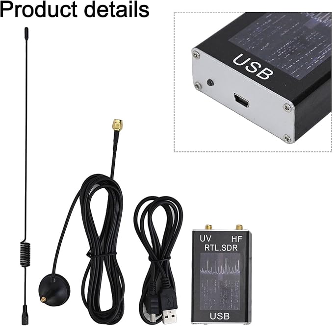 100KHz-1.7GHz USB Tuner Receiver for RTL2832U R820T2 Chipset Aluminum Shell Supports HF VHF UHF Bands AM NFM FM USB LSB CW Modes Includes Whip Antenna and Cable