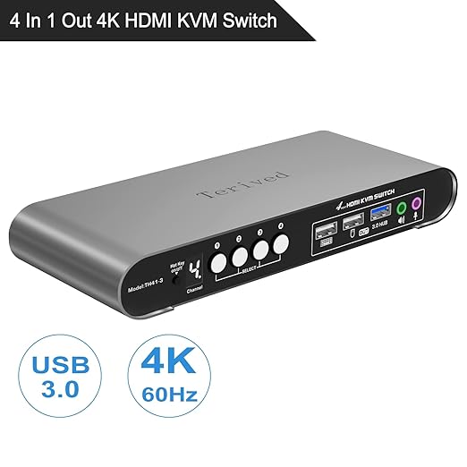 HDMI KVM Switch 4 in 1 Out with Hotkey Mouse Switching Audio Mic Support 4K@60Hz USB 3.0 Hub Digital Display Terived Aluminum KVM with Cables Included