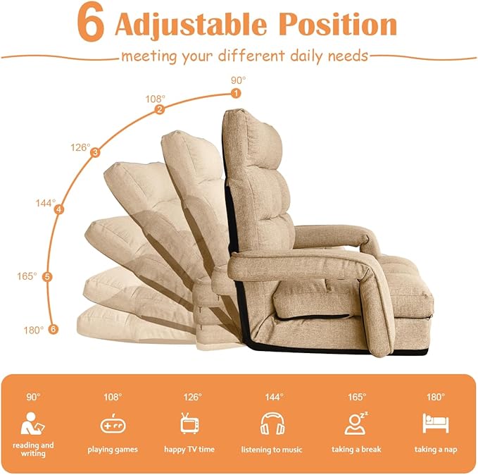 Floor Gaming Chair 6 Position Adjustable Indoor Chaise Lounge Chair for Teens Adults Padded Folding Meditation Sofa with Armrests and Pillow Comfy Chair for Teens Adults Pets - Light Camel