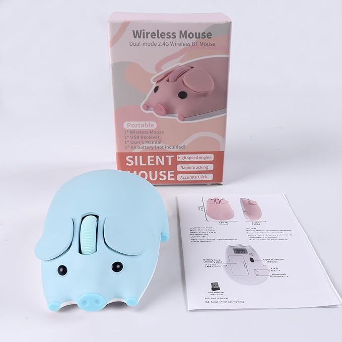 Bluetooth Mouse 2.4G Mice Cute Cartoon Pig Dual Mode (Bluetooth or 2.4 GHz Receiver) Computer Mice 1200 Silent Clicks Cordless Mouse for Laptop/Notebook/iPad/PC/Mac/Chromebook Office Home Gift(Blue)