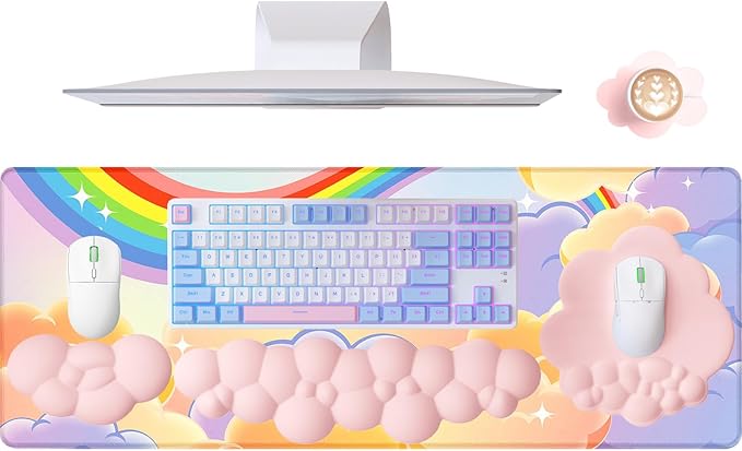 5 in1 Cloud Mouse PadKeyboard Wrist RestMouse Wrist Rest SupportMouse Pad Wirst Rest and Leather Coaster Set with Office Desk MatMemory Foam Ergonomic Easy Typing Pain Relief for Office and Home