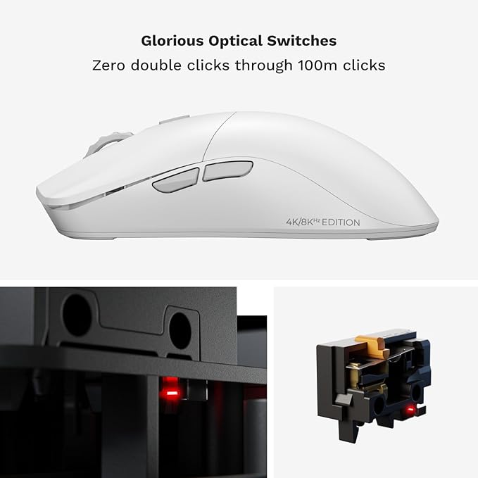 Glorious Gaming Model O 2 PRO 4K/8K White Wireless Gaming Mouse - 2.4GHz Wireless 1ms delay 4K/8K Polling 100M clicks 59g Ultralight Long Battery Life 26K DPI BAMF 2.0 Sensor 6 Buttons
