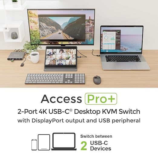 IOGEAR Access Pro Plus 2-Port USB-C KVM Switch 1 Monitor 2 Computers 4K 60Hz DisplayPort Output 4-Port USB Hub 100W Power Thunderbolt 3/4 Compatible Remote Switch (GCS1602CC)