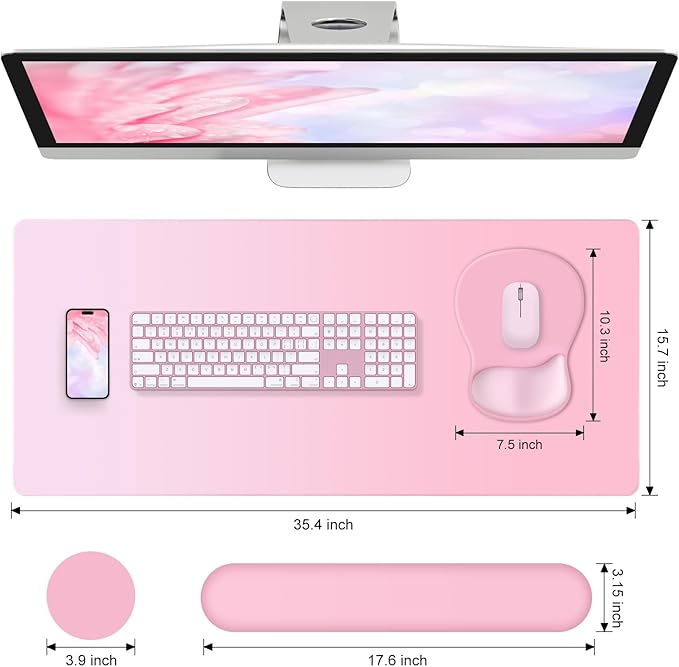 4-in-1 Large Gaming Mouse Pad Keyboard Wrist Rest Pad &amp Wrist Support Mousepad Set Extended Desk Pad Waterproof Desk Mat for Girl Women Home Office Decor Study Game 35.4×15.7 Inches I Soft Pink