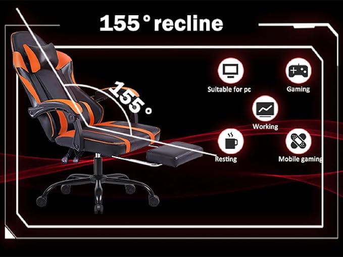 Video Game Chairs for Adults PU Leather Gaming Chair with Footrest 360°Swivel Adjustable Lumbar Pillow Gamer Chair Comfortable Computer Chair for Heavy People Orange